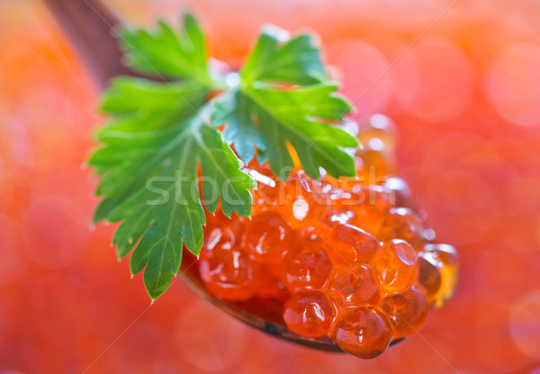 Czerwony łososia kawior łyżka puchar drewna Zdjęcia stock © tycoon