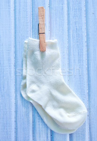 [[stock_photo]]: Bébé · chaussettes · anniversaire · cadre · bleu · lettre