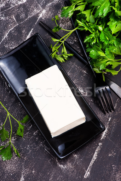 Tofu kaas keukentafel Blauw plaat zwarte Stockfoto © tycoon