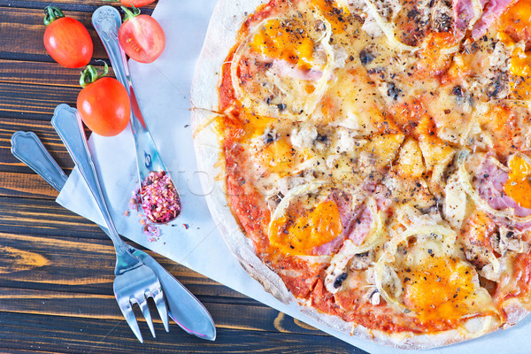 Stockfoto: Vers · pizza · papier · tabel · voedsel · hout