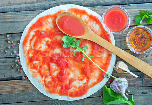 Stok fotoğraf: Pizza · sos · çanak · ahşap · mutfak