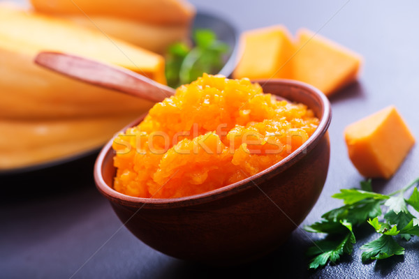 Foto stock: Abóbora · tigela · tabela · comida · azul · outono