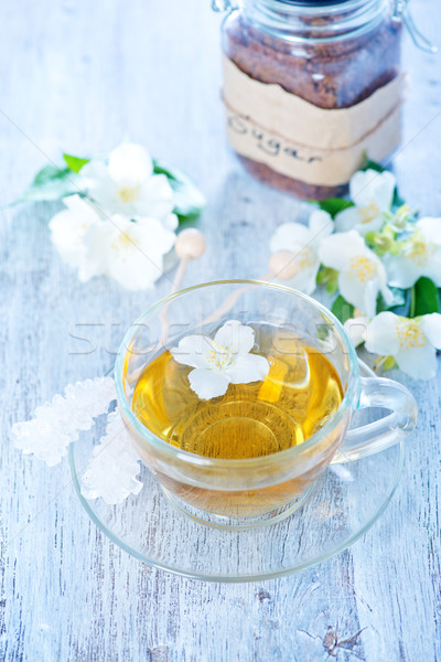 Stockfoto: Jasmijn · thee · glas · beker · tabel · blad