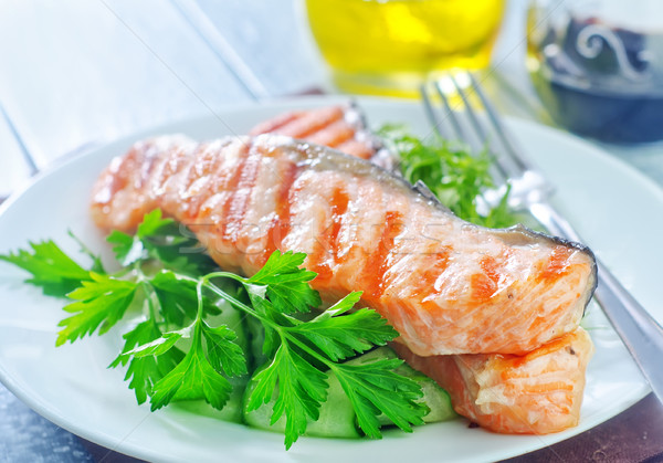 [[stock_photo]]: Frit · saumon · poissons · restaurant · vert · citron