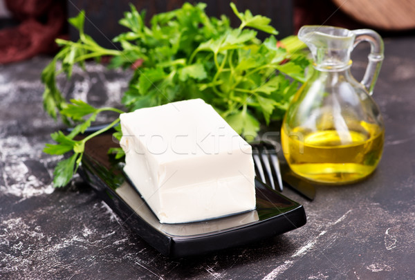 豆腐 奶酪 廚房的桌子 藍色 盤 黑色 商業照片 © tycoon