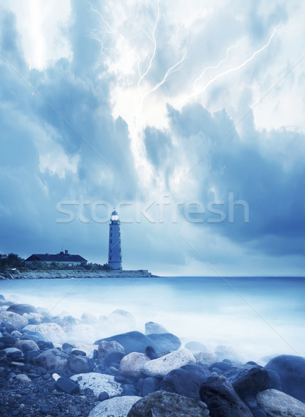 Stock foto: Leuchtturm · Strand · Himmel · Sonne · Licht · Meer