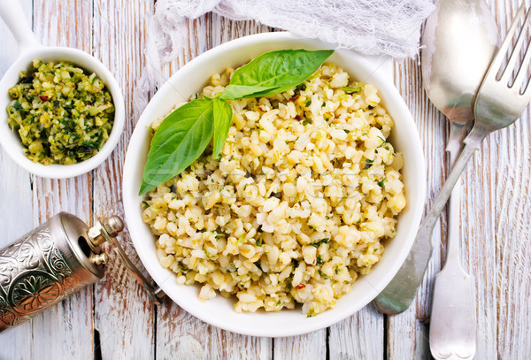 Foto stock: Pesto · molho · branco · tigela · trigo