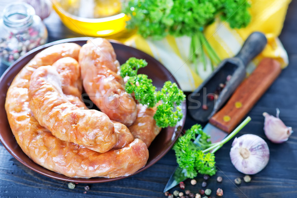 Foto stock: Frito · salsichas · prato · tabela · comida · madeira