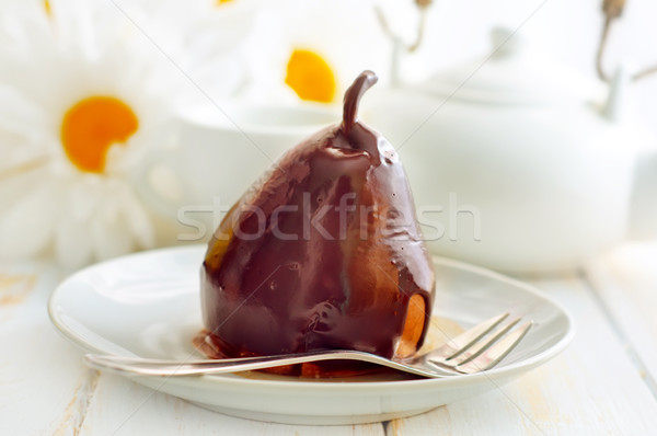 Foto stock: Pera · chocolate · alimentos · dulces · frutas · fondo · mesa