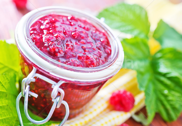 [[stock_photo]]: Framboise · confiture · verre · banque · table · feuille