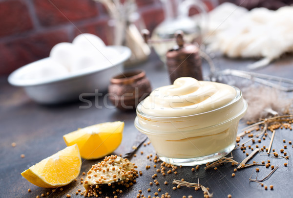 Foto stock: Mayonesa · vidrio · tazón · mesa · cocina · negro