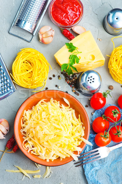 Foto d'archivio: Formaggio · grattugiato · Spice · tavola · legno · pasta · forcella