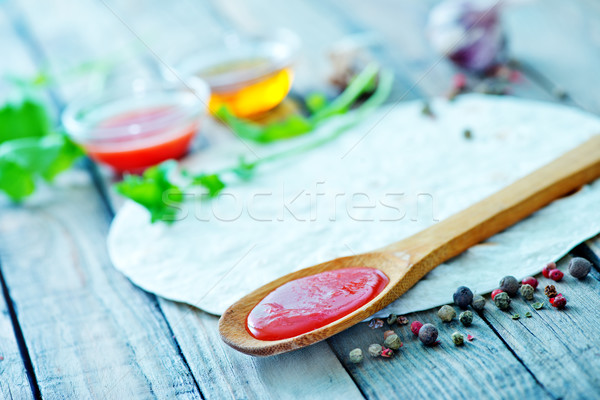 Stockfoto: Pizza · gebakken · saus · kom · hout · keuken