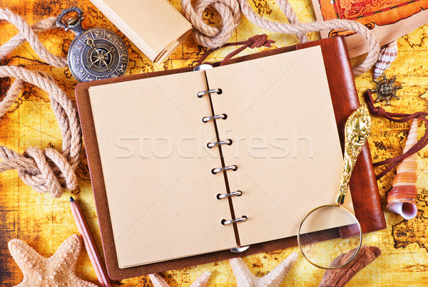 Alten Notebook Lupe Kompass Karte Papier Stock foto © tycoon