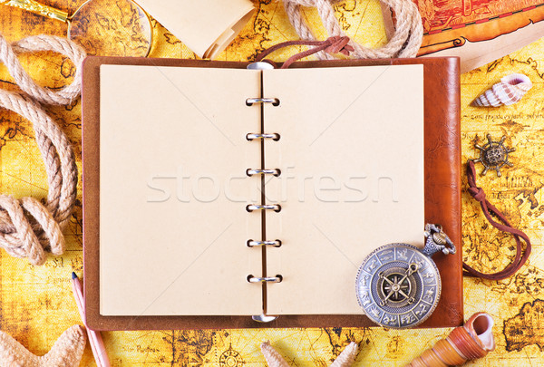 Alten Notebook Lupe Kompass Karte Papier Stock foto © tycoon