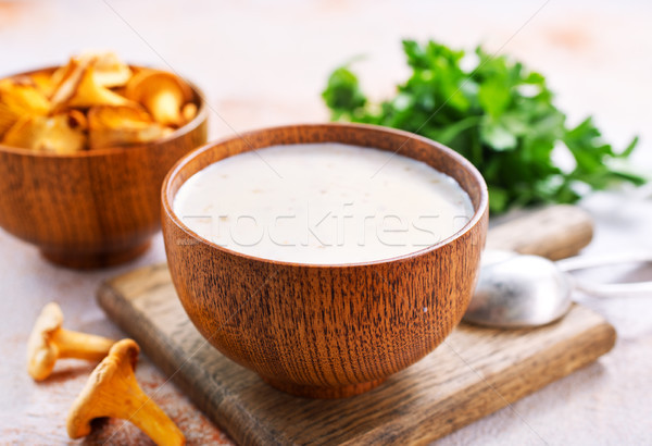 Stockfoto: Champignon · soep · kom · tabel · voedsel · groene