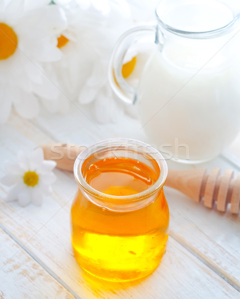 fresh honey in the glass bank and milk in jug Stock photo © tycoon