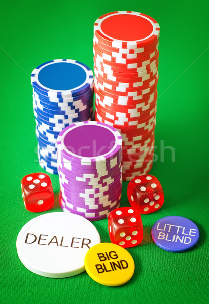 Stock photo: Group from chips for poker on the green background