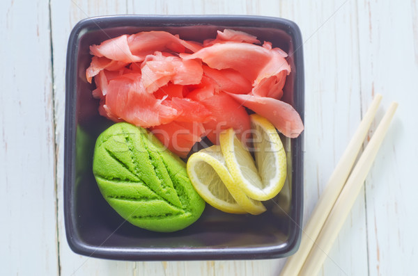 Foto stock: Wasabi · jengibre · tazón · salud · cena · limón