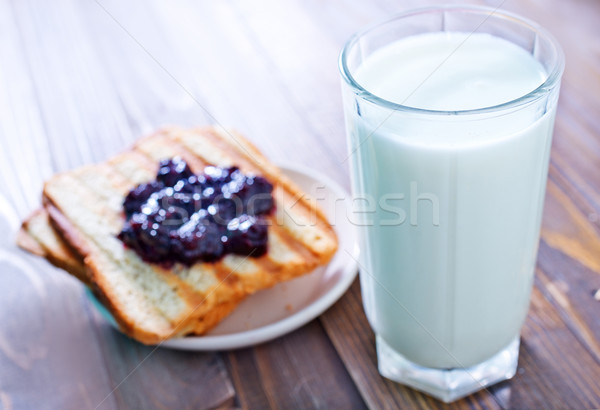 Stockfoto: Ontbijt · vruchten · vak · Blauw · tijd · melk