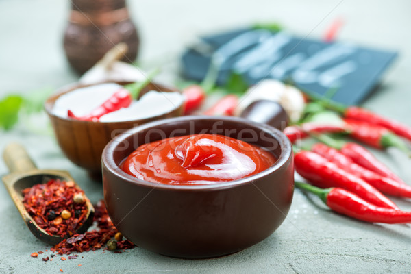 Foto stock: Chile · salsa · especias · mesa · madera