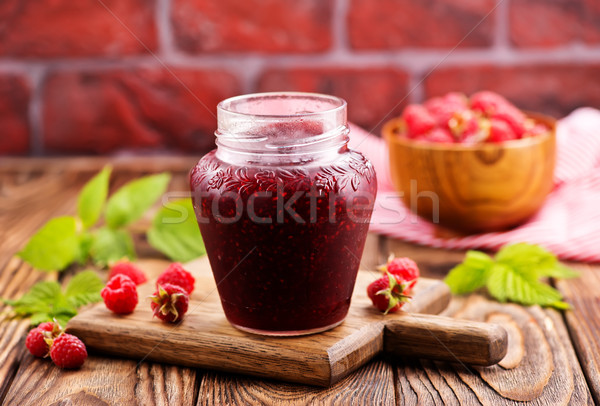 Foto stock: Frambuesa · atasco · vidrio · banco · mesa · madera