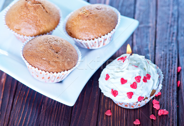 Stockfoto: Muffins · zoete · houten · tafel · voedsel · woestijn