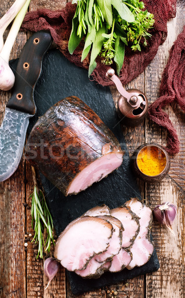 Stock fotó: Füstölt · fokhagyma · tábla · asztal · húsvét · étel
