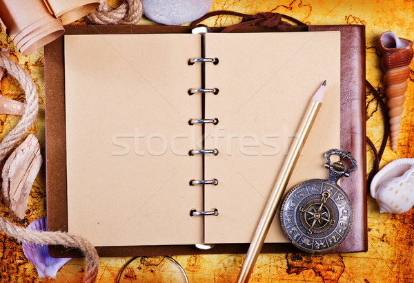Alten Notebook Lupe Kompass Karte abstrakten Stock foto © tycoon