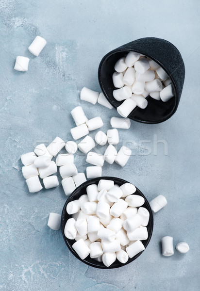 Stock foto: Marshmallow · Schüssel · Tabelle · Hintergrund · weiß · Dessert