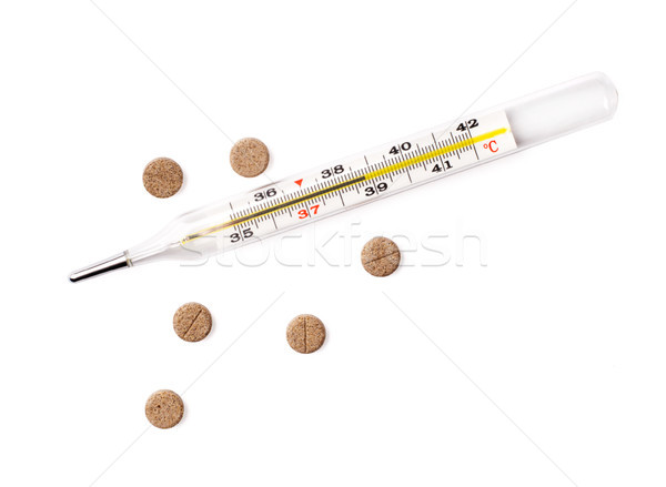 [[stock_photo]]: Fièvre · thermomètre · température · celsius · pilules