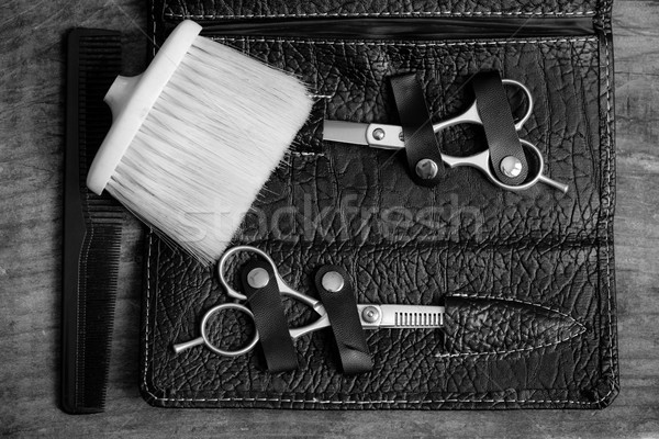Cabeleireiro ferramentas preto e branco foto madeira cabelo Foto stock © umbertoleporini