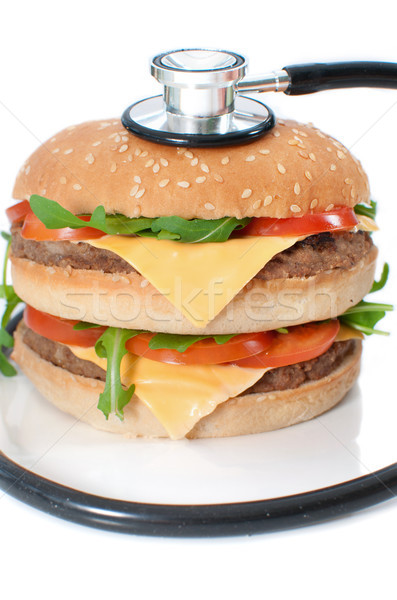 Egészségtelen hamburger sztetoszkóp körül dupla sajtburger Stock fotó © unikpix