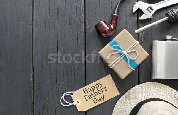 Nap ajándék ajándék doboz kék szalag fából készült Stock fotó © unikpix