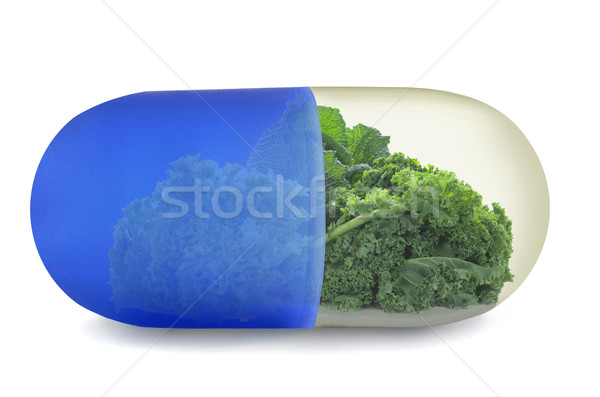 Stock photo: Kale superfoods vitamin pill concept