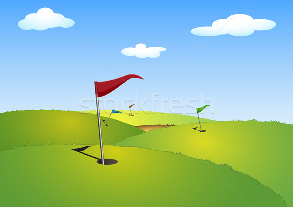 Verde campo de golfe ilustração bandeiras céu nuvens Foto stock © unkreatives
