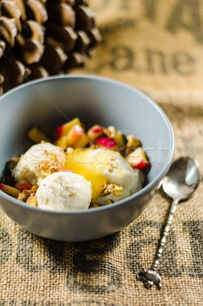 Yogurt; Cut Fruits; And Honey In Bowl By Spoon Stock photo © unkreatives