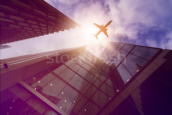 плоскости зданий Flying офисных зданий солнце Сток-фото © unkreatives