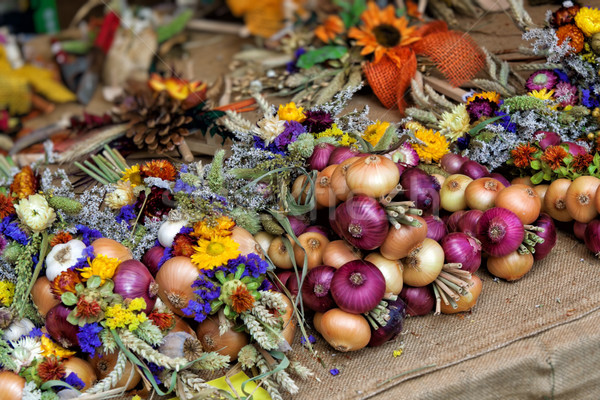 Stockfoto: Ui · knoflook · vers · markt · plantaardige · zomer