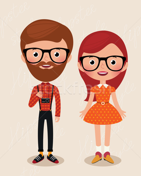 Foto stock: Pareja · los · hipsters · Cartoon · nina · tipo