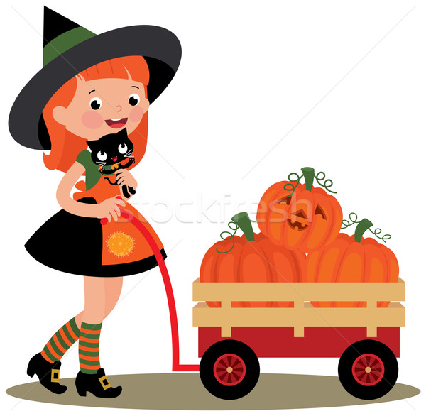 Witch Halloween carries a wheelbarrow full of pumpkins Stock photo © UrchenkoJulia