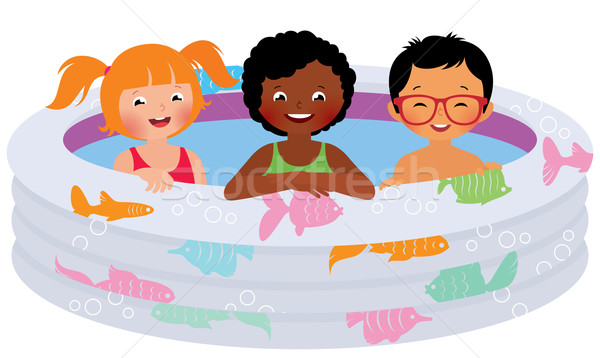 Imagine de stoc: Trei · copii · prietenii · gonflabile · piscină · stoc