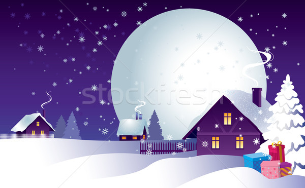 Stock foto: Weihnachten · Nacht · Dorf · Haus · Natur