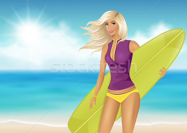女孩 衝浪板 海灘 天空 太陽 商業照片 © user_10003441