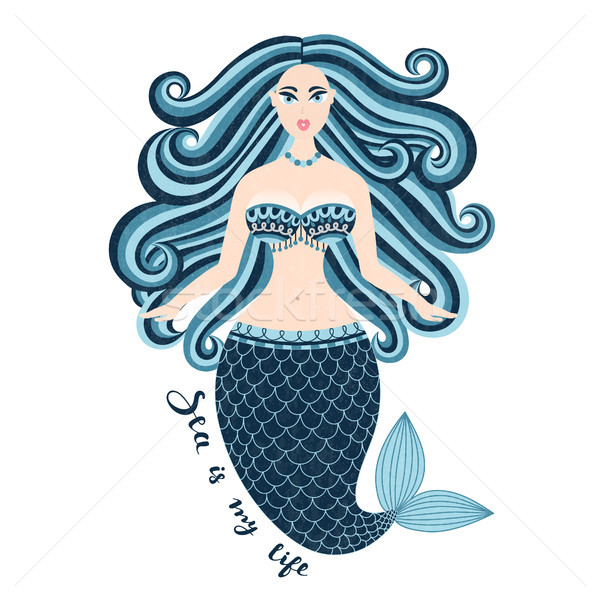 Stock photo: Mermaid. Hand drawn sea girl. Beautiful woman with tail. Marine summer design. Nixie with wild hair.