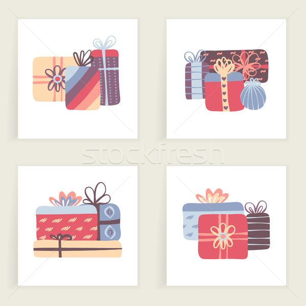 Szett négy kártyák kézzel rajzolt színes ajándékok Stock fotó © user_10144511