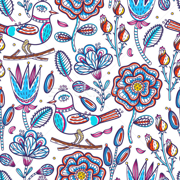 Floral seamless pattern. Hand drawn abstract creative flowers and bird with stroke. Colorful artisti Stock photo © user_10144511