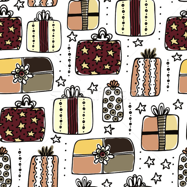 Seamless pattern with hand drawn different gift boxes. Cute design. Colorful creative presents. Happ Stock photo © user_10144511