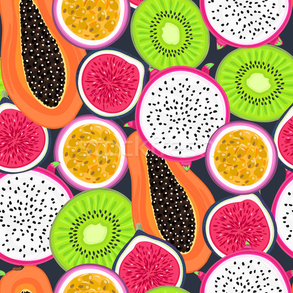 Vector seamless pattern with tropical fruits. Healthy dessert. Fruity background. Dragon fruit, kiwi Stock photo © user_10144511