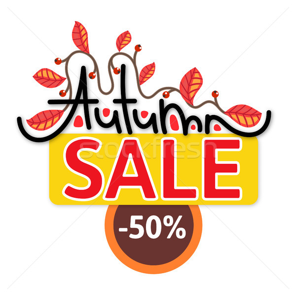 Autumn sale. Discount in fall. Branch with colorful leaves. Cute creative hand drawn lettering. Red  Stock photo © user_10144511